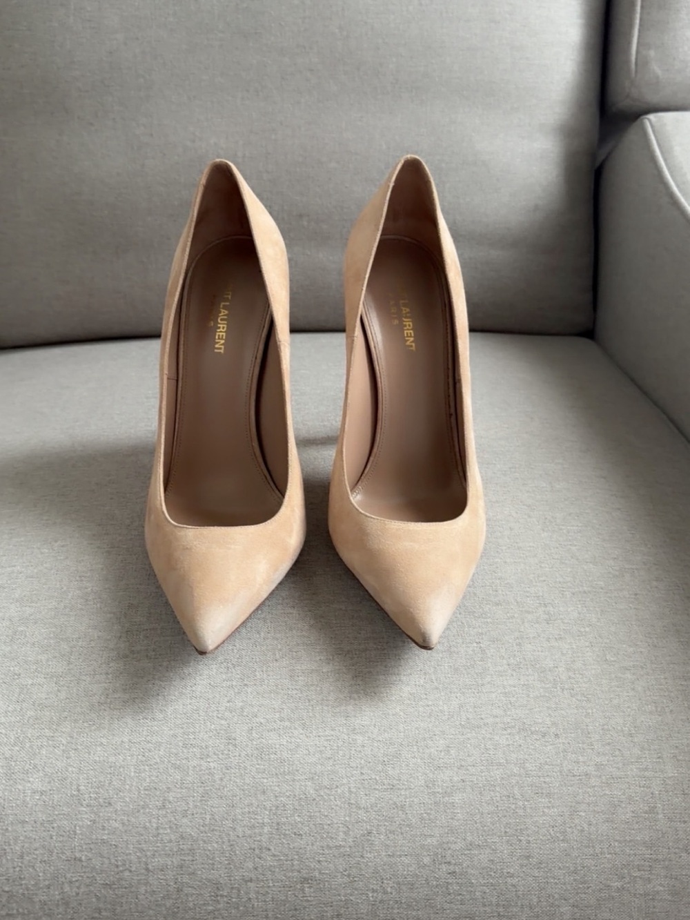 Saint Laurent Nude Suede Opyum Pumps with Gold YSL Heels - Picture 2 of 5